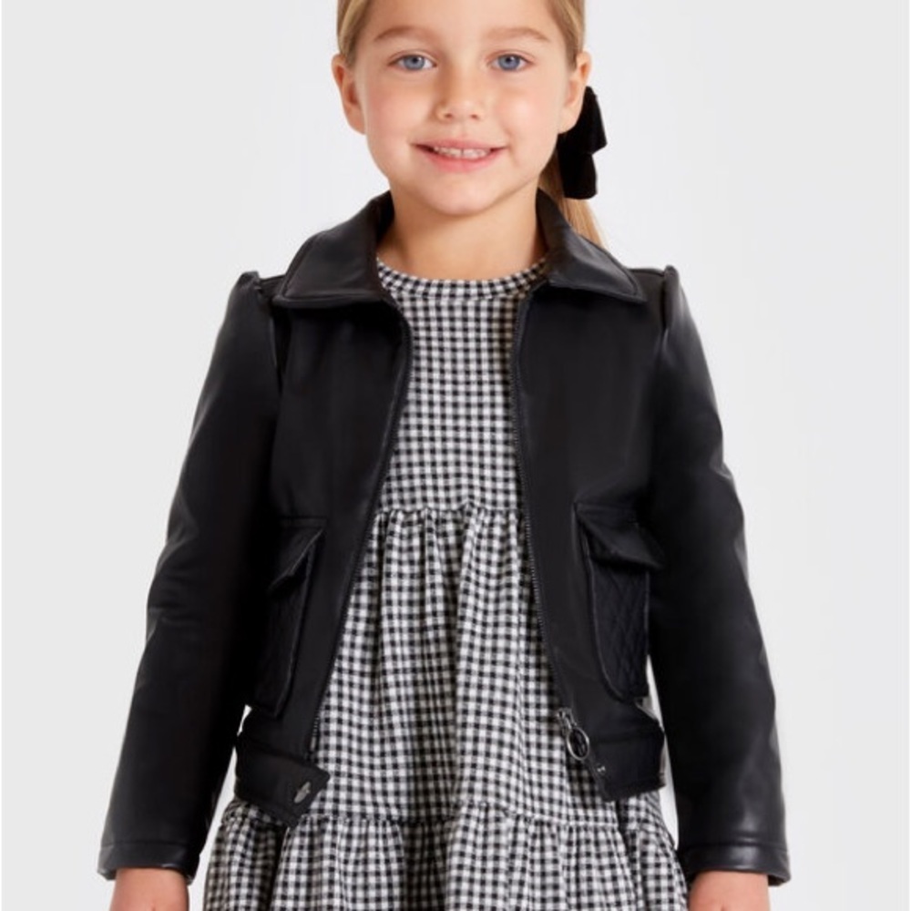 Size 8 Girls Mayoral Black Leather Jacket with Classic Collar